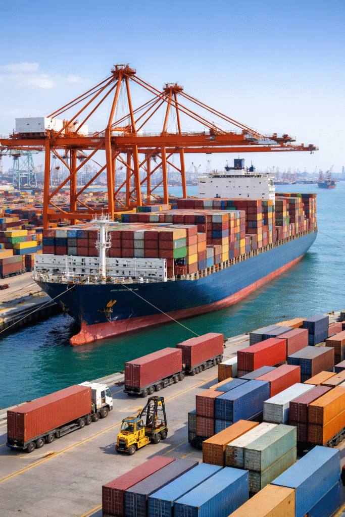 中国輸入雑貨のコンテナ輸送と港の物流風景